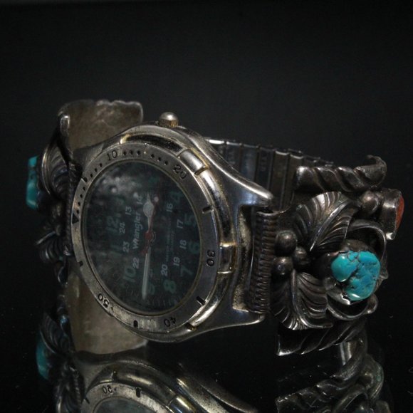 FANTASTIC STERLING SILVER NAVAJO MARKED W TURQUOISE CORAL WATCH TIPS - Picture 2 of 5